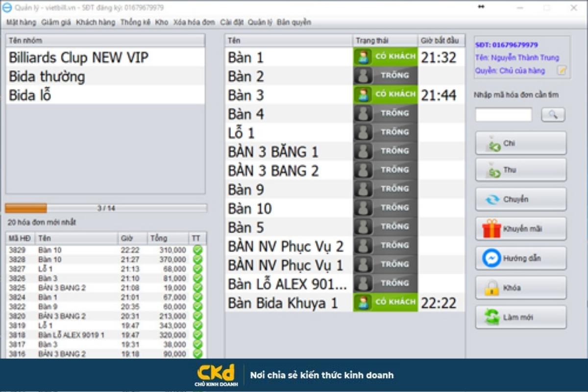 Vietbill - Phần mềm quản lý clb Bida